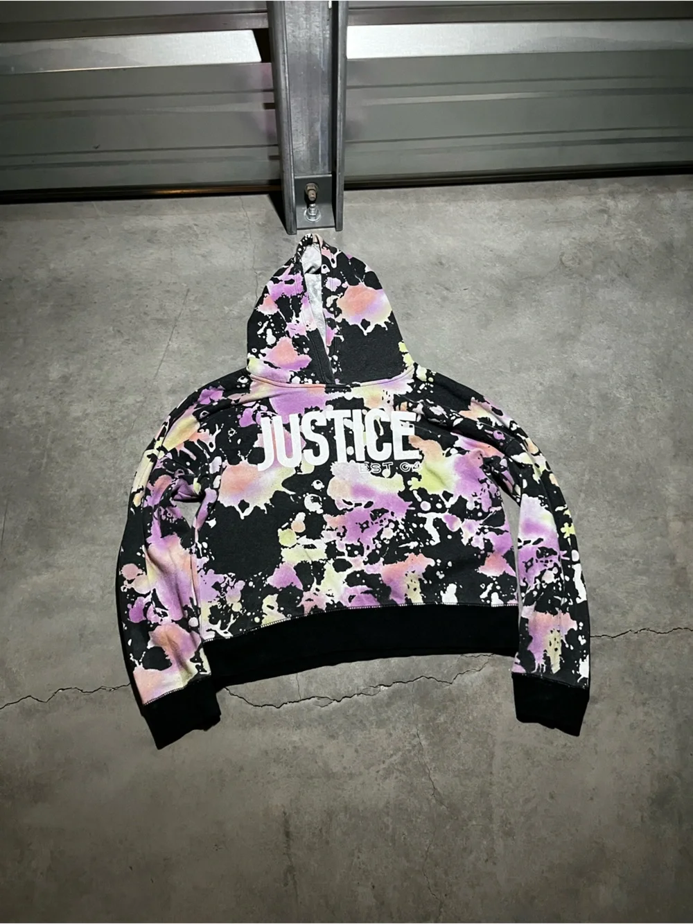 Justice Black Hoodie with Pink and Light Green Splatter